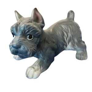 Vintage Ceramic Schnauzer Puppy Dog Figurine Grey White Terrier ready to pounce